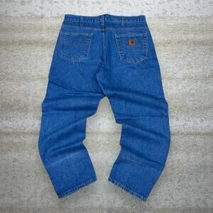 Vintage Carhartt Jeans Relaxed Fit Dark Wash Work Wear Denim Leather Logo 90s